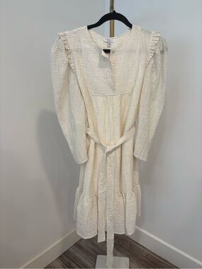 Current Air Cream Textured Long-Sleeve Midi Dress with Tie